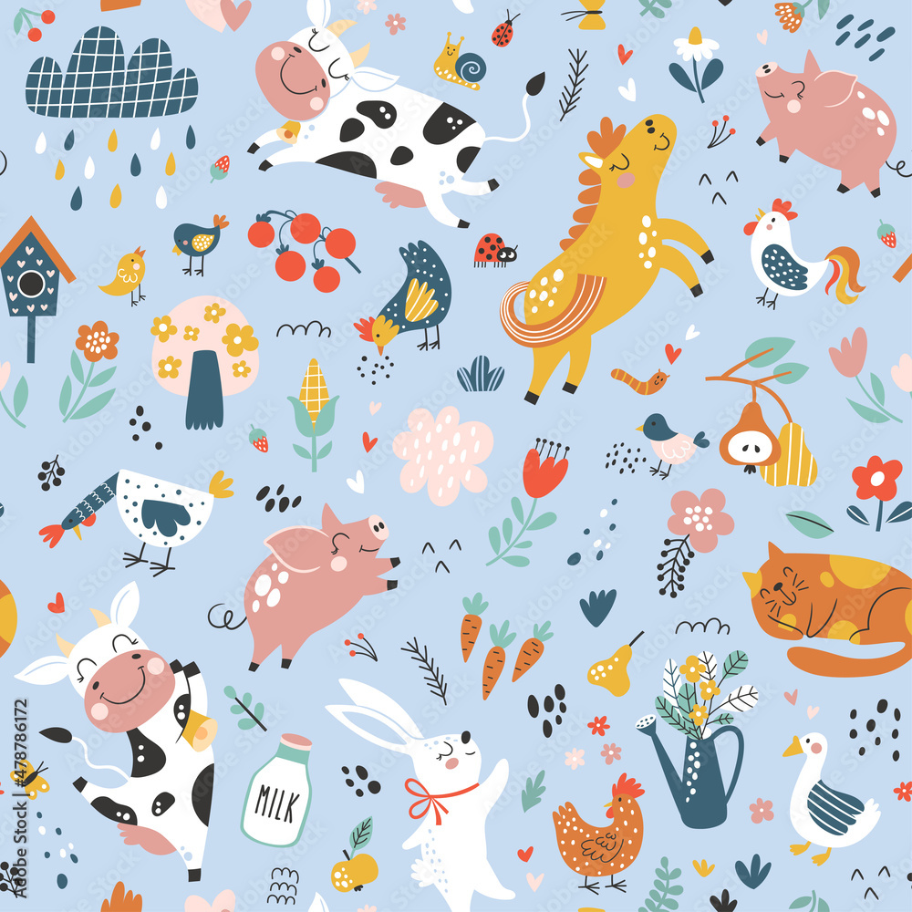 Vettoriale Stock Seamless childish pattern with cute farm animals ...