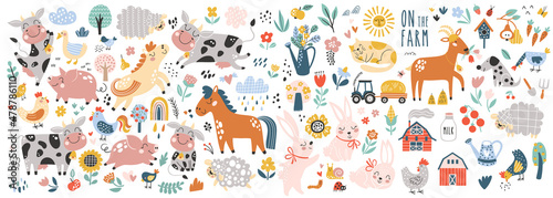 Isolated set with cute farm animals in cartoon style. Ideal kids design, for fabric, wrapping, textile, wallpaper, apparel © Angelina De Sol
