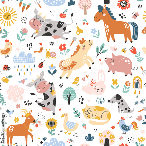 Fototapeta Naklejka Na Ścianę i Meble -  Seamless childish pattern with cute farm animals. Creative kids texture for fabric, wrapping, textile, wallpaper, apparel. Vector illustration