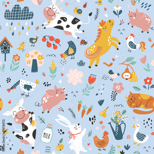 Seamless childish pattern with cute farm animals. Creative kids texture for fabric, wrapping, textile, wallpaper, apparel. Vector illustration