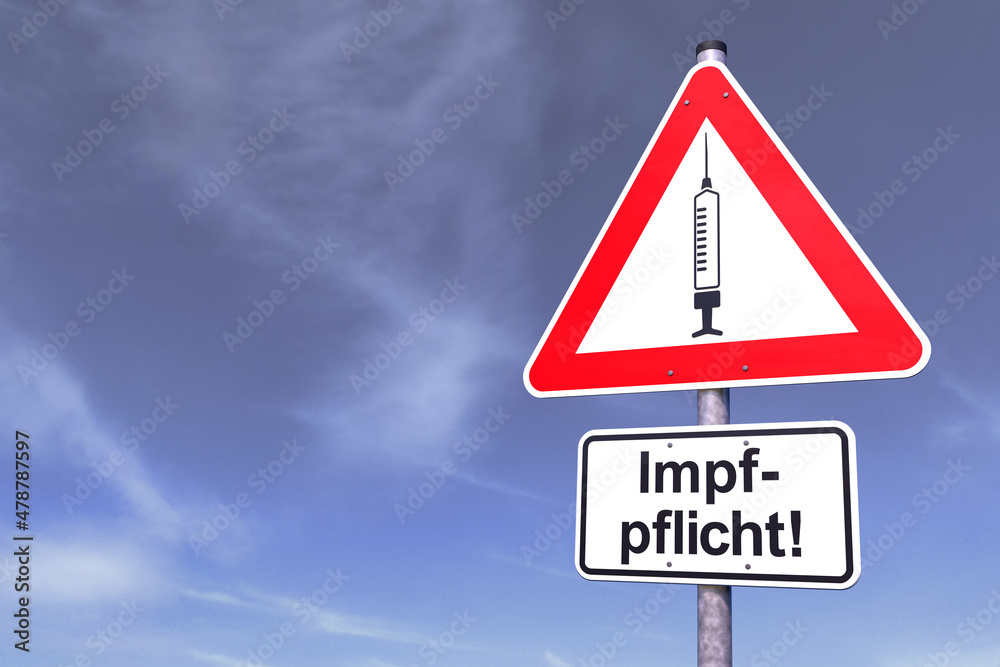 Verkehrsschild - Achtung - Coronavirus - Impfpflicht - Himmel - Wolken Verkehrsschild - Achtung - Coronavirus - Impfpflicht - Himmel - Wolken