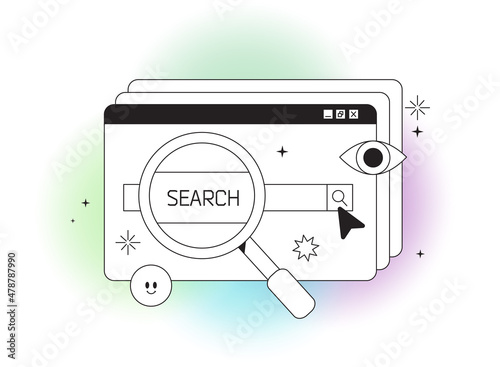 Web search engine page or web window isolated on white background. Browser with internet search bar field and results button. Finding information online or internet surfing concept.