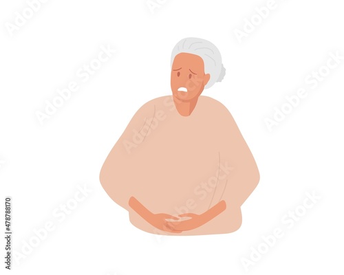Belly-ache. Suffering from pain. Senior Woman holds hand on belly zone. Diarrhea, constipation, Stomach acid reflux disease and digestive system problem. Flat vector illustration. Healthcare concept.