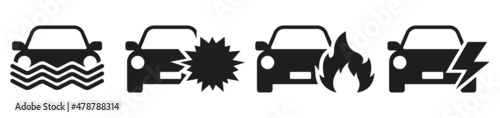 Car accident icon. Auto crash signs. Broken cars in traffic. Vector illustration.