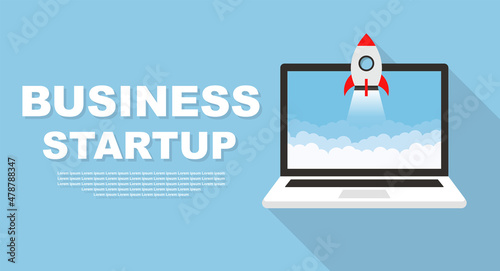 Rocket launch in laptop screen. Business startup vector background. Vector illustration.
