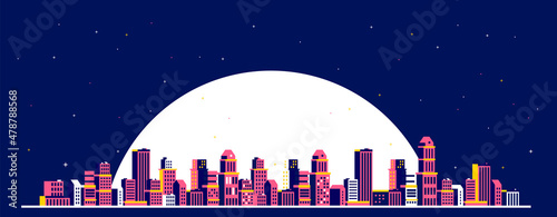 Vector horizontal illustration of light city street on dark blue sky background with large full moon. Flat isometric style design of panorama of night red color cityscape with star