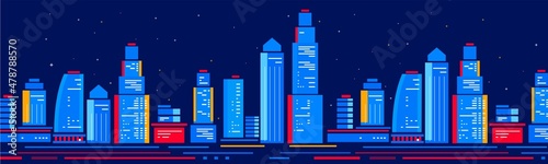Vector night illustration of blue cityscape with skyscraper on dark color background with star. Flat style design of panorama of city street with line