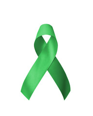 Green ribbon for gallbladder and bile duct cancer awareness month in February, bipolar disorder, mental health illness with kelly green bow isolated on white background with clipping path