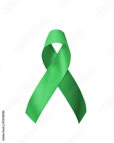 Green ribbon for gallbladder and bile duct cancer awareness month in February, bipolar disorder, mental health illness with kelly green bow isolated on white background with clipping path