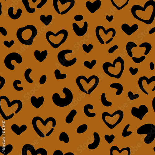 Heart leopard print. Camouflage leopard vector seamless pattern on brown background. Leopard skin texture. Leopard heart pattern on valentine s day.
