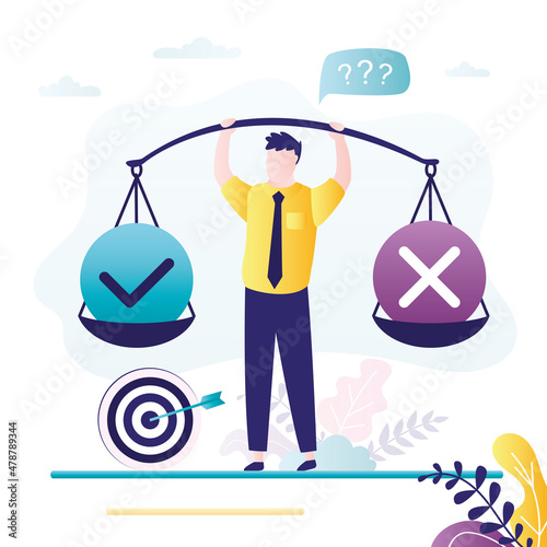 Man tries to choose right decision. Negative and positive decision lies on scales. Worker solves business problems with survey