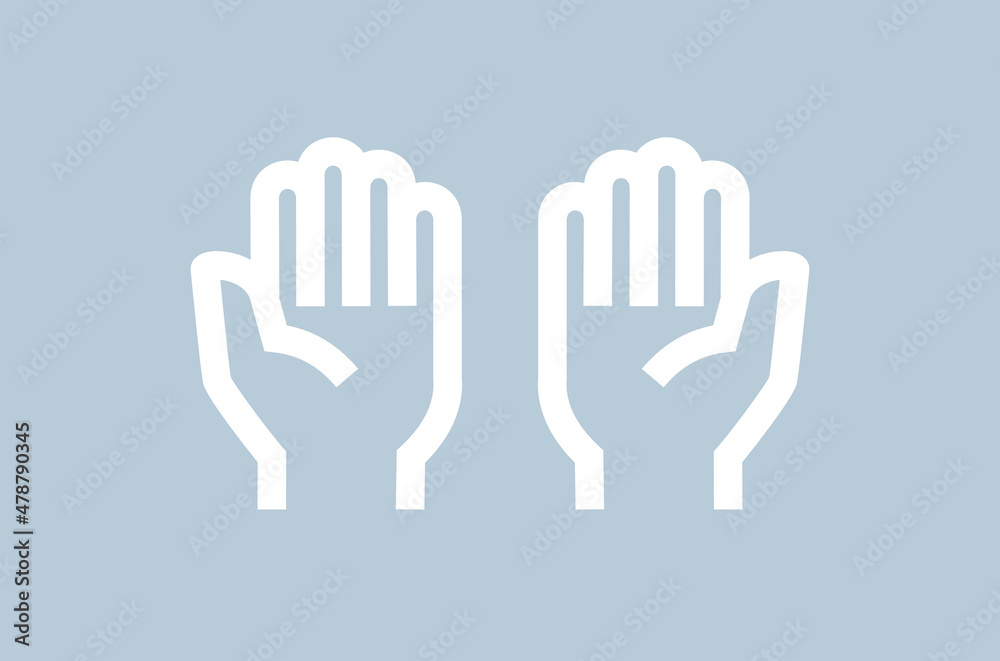 Hand icon. Contour pictogram of a palm. Human hands. Isolated raster illustration on a gray background. Hand icon. Contour pictogram of a palm. Human hands. Isolated raster illustration on a gray background.