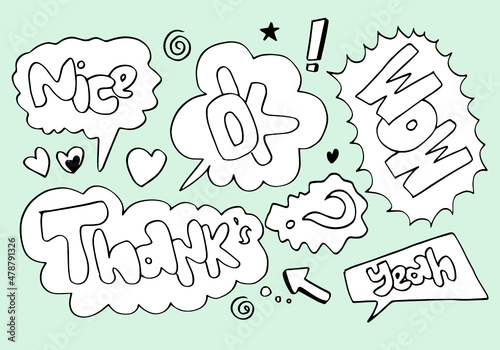 Hand drawn set of speech bubbles with handwritten short phrases  nice, ok, wow, thank's, yeah on blue background.