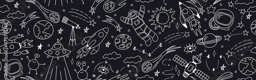 Doodle space banner in childish style. Template with cosmos vector elements such as rocket, astronaut, stars, asteroids, ufo. Sketch seamless pattern of various astronomy objects