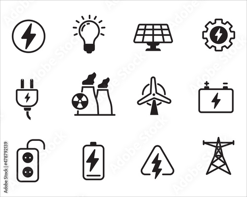 Set of electricity-related icon with black design isolated on white background