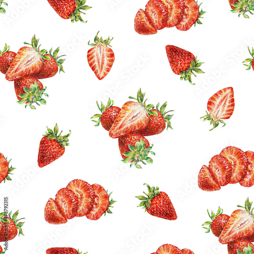 Strawberry on white background. Watercolor drawing of strawberry berries. Handwork drawn. Watercolor seamless strawberry pattern for fabric design