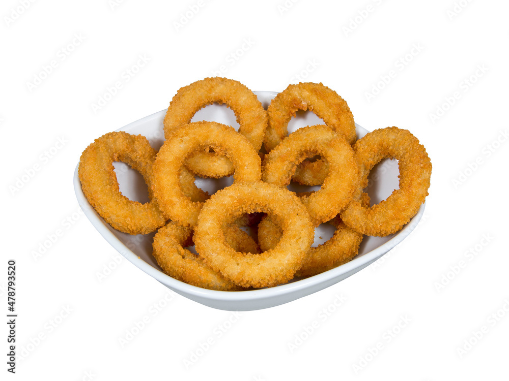 fried onion rings in plate on white background