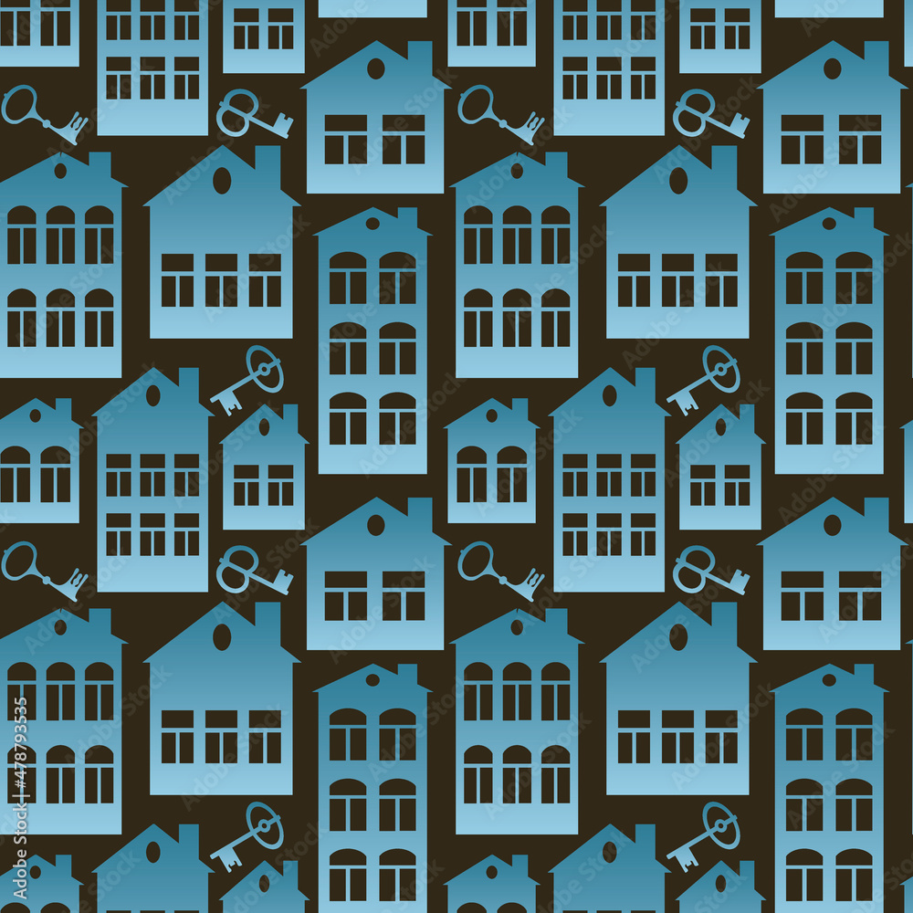 Seamless pattern on a square background on the theme of real estate (rent or sale) - houses and keys. Design element of books, notebooks, postcards, interior items. Wallpapers, textiles, packaging Seamless pattern on a square background on the theme of real estate (rent or sale) - houses and keys. Design element of books, notebooks, postcards, interior items. Wallpapers, textiles, packaging