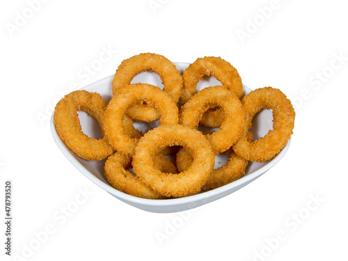 fried onion rings in plate on white background