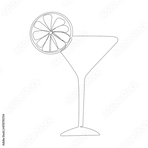 Continuous line drawing. Wineglass with cocktail and lemon. Isolated on white background. Hand drawn vector illustration.