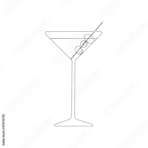 Continuous one line drawing. Martini with olives. Vector illustration