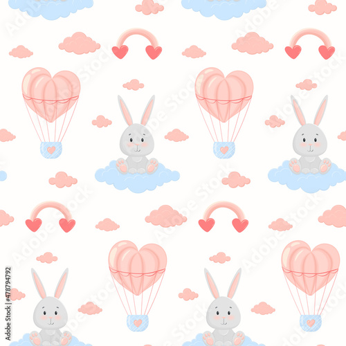 Valentine's day seamless pattern with bunny on a cloud and flying ball. Delicate pattern for the design of nursery, gift paper or cards. Pink and blue pattern with bunny, pink clouds and rainbow