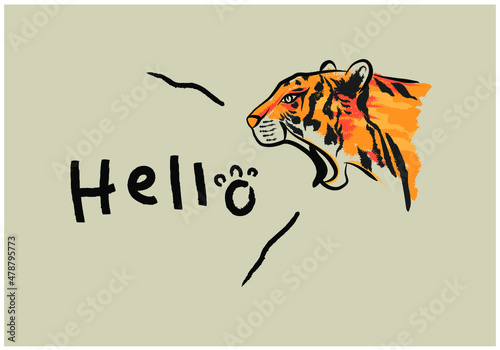 Graphic drawing of tiger open the mouth with text Hello on brown background  tiger sketch in yellow and orange with black outline pattern
