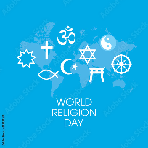 World Religion Day Poster with religious symbols vector. Religious symbols white silhouette icon set vector. World map and religions symbols vector. Important day