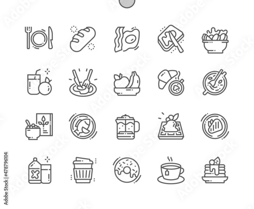 Brunch. Egg and bacon. Coffee with croissant. Steak, oatmeal, salad and other. Menu for restaurant and cafe. Pixel Perfect Vector Thin Line Icons. Simple Minimal Pictogram