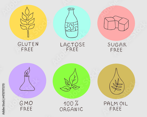 Vector product design. Icon set: gluten free, lactose free, sugar free, gmo free, palm oil free, 100% ogranic. Eps food sign for label, packing, box.