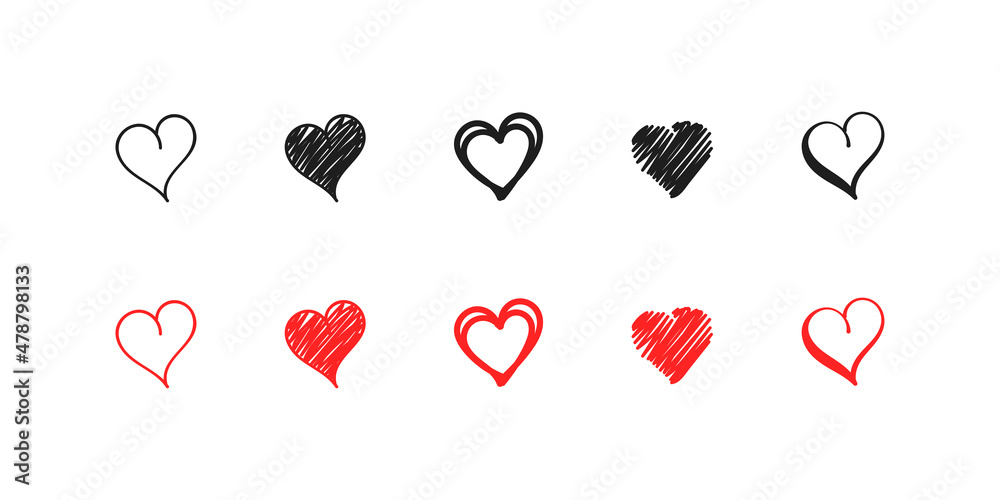 Heart doodle icon black and red set, hearts hand drawn valentine ...