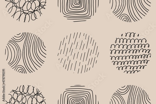 Abstract round shapes. Scribble seamless pattern for textile poster fabric design. Vector freehand trendy concept photo
