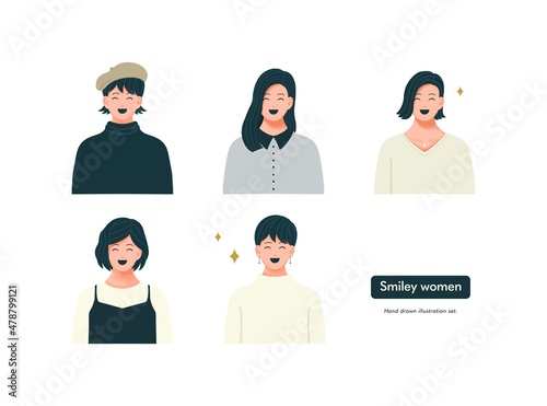 笑顔の女性のイラストセット　上半身　アイコン