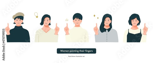 指をさしている女性のイラストセット　ひらめく