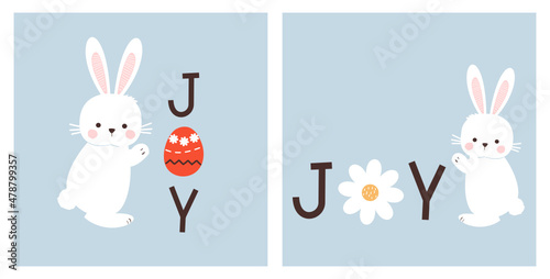 Vászonkép Bunny rabbit cartoon ,daisy flower and Easter Eggs on blue background vector
