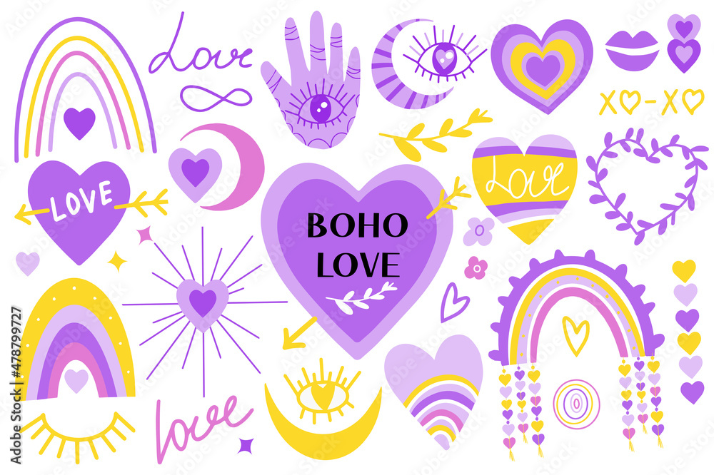 Boho love Very Peri set. Happy valentine s day collection of abstract hearts, rainbow, Folk mystical tarot ornament. Vector illustration clip art
