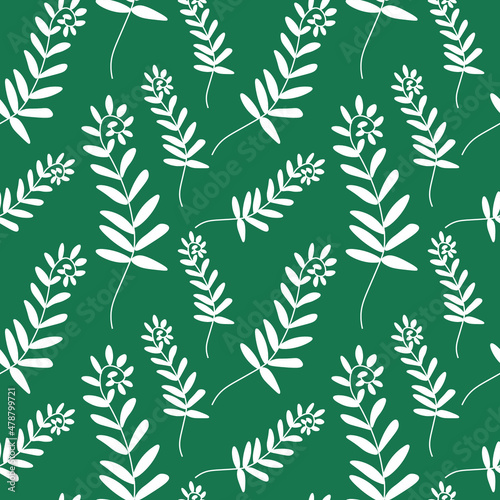 Seamless Minimalistic Floral pattern with white line on trendy green background.Vector festive repeating hand drawn print.Designs for textile  fabric  wrapping paper  packaging  scrapbook paper.