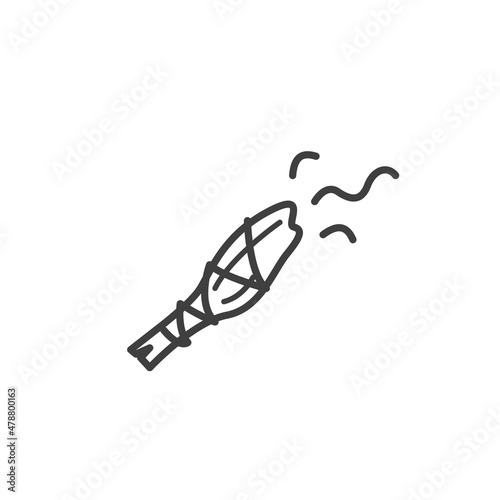 Sage smudge stick hand-drawn doodle style isolated illustration. Ceremony of burning sacred herbs. Vector outline icon of smudging.