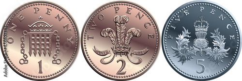 Vector Set british coin one, two, five pence, reverses with Portcullis and crown, plume of ostrich feathers within coronet and Thistle royally crowned