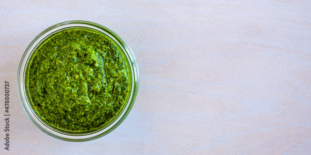 Bowl with coriander leaves sauce mixture. Thai cuisine. Top view; Bowl with coriander leaves sauce mixture. Thai cuisine. Top view;