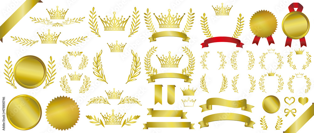 ベクターai ゴールド王冠アイコン月桂樹エンブレムと金色メダルイラスト素材セット Stock Vektorgrafik Adobe Stock