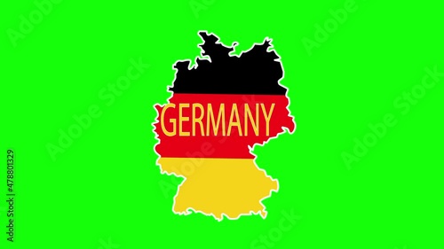 Germany map in flag colours, yellow, red, black. Seamless loop animation on green screen. 