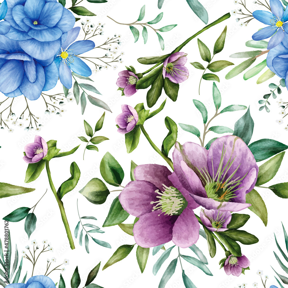 Elegant watercolor floral and leaves seamless pattern