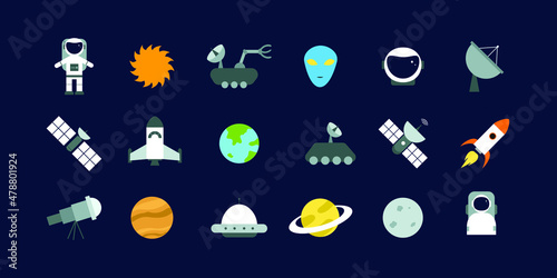 set of outer space expeditions equipment. illustration collection in flat cartoon style. colored science object in vector graphic for educational and outer space design elements.