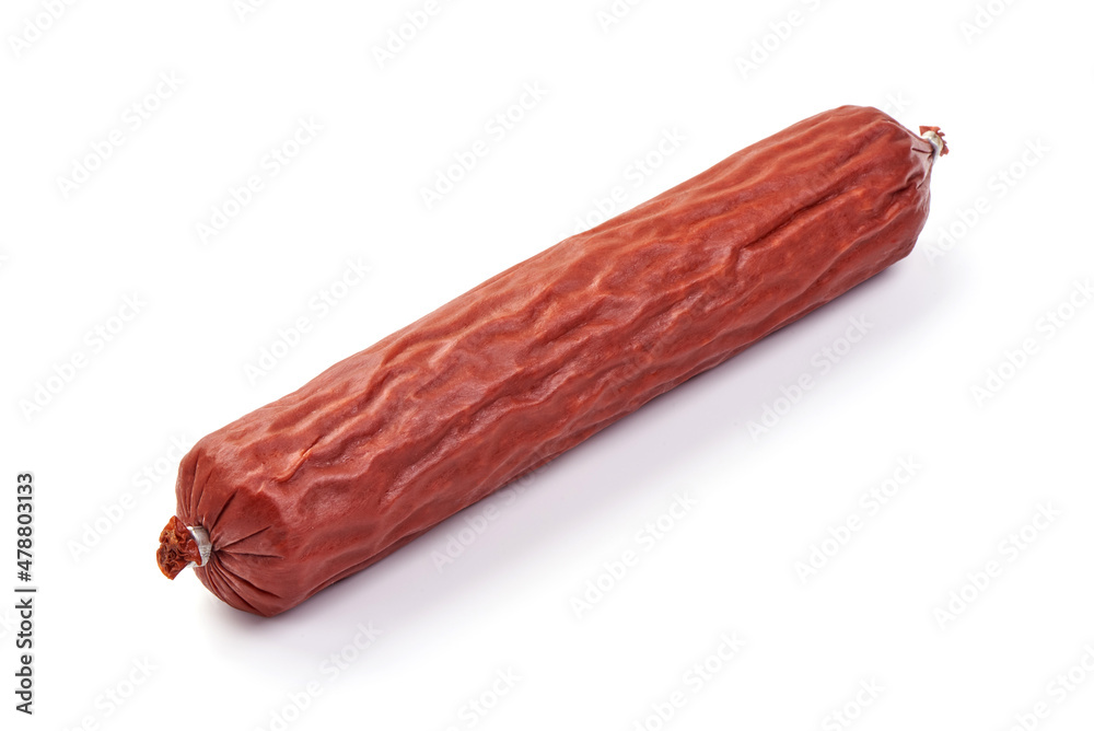 Smoked salami, isolated on white background. Smoked salami, isolated on white background.