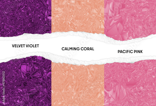Abstract background on Calming Coral, Velvet Violet and Pacific Pink colors. Trendy color of the year 2022.