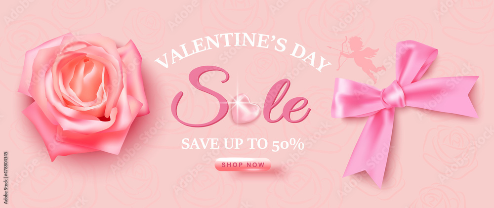 A Valentine's Day sale poster with a rose and a bow