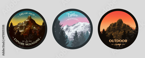 Set of 3 old fashion postcard style stickers illustration. Mountains and trees with with light gradient sky. Retro design round patch with lettering