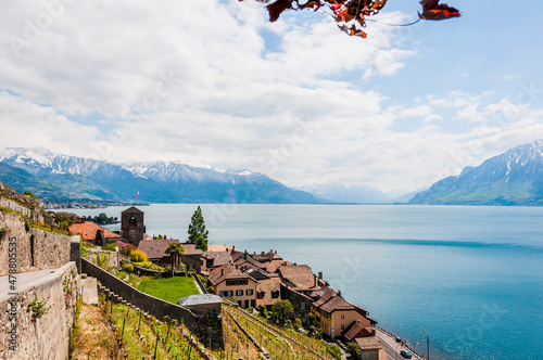 Saint-Saphorin, Lavaux, Genfersee, Weinberge, Dorf, Winzerdorf, Kirche, See, Seeufer, Wanderweg, Weinberg-Terrassen, Weinbauer, Frühling, Waadt, Schweiz