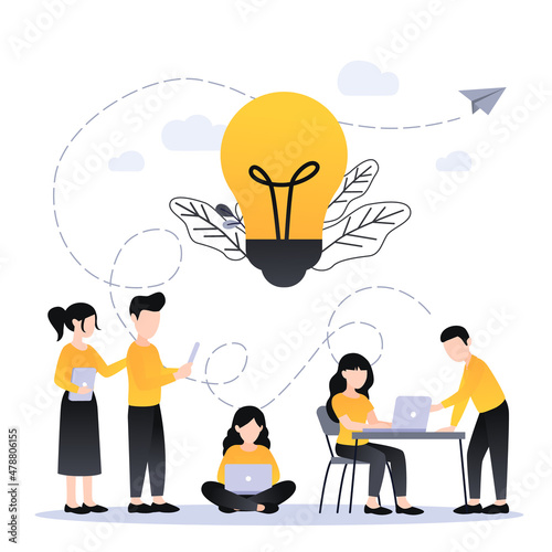 Vector flat illustration, business meeting and brainstorming, business concept for teamwork, searching for new solutions, little people are sitting on floor, light bulb in search of ideas